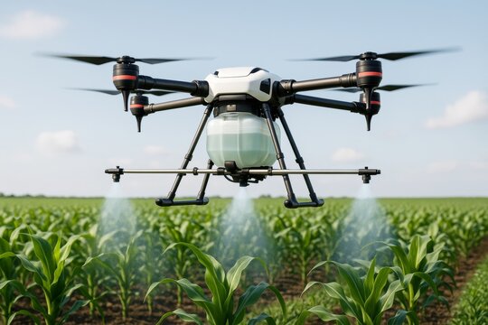 Agricultural drone spraying crops with precision farming technology in a green field under a clear sky, showcasing innovation and automation. Ai generative