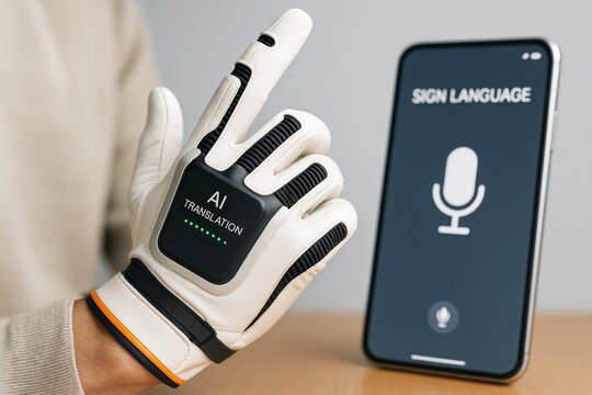 AI-powered smart glove translating sign language into speech using mobile application, representing modern assistive communication technology. Ai generative