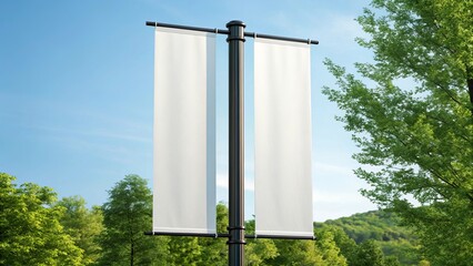 Blank white banners hanging from a lamppost with green trees and blue sky