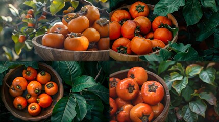A group of ripe persimmons arranged in a wooden bowl with their vibrant orange color and smooth skin set against a backdrop of green leaves