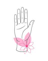 Womans hand is surrounded by leaves and flower pink , beauty design element, care and spa procedures, beauty and manicure salon, logo or icon.