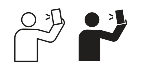 Selfie icon set, line and black glyph style for food app website.