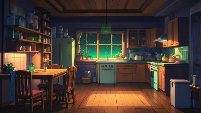 ゲーム背景　夜とキッチンがある居間の風景