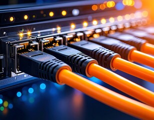 Network switch with orange ethernet cables