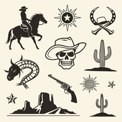 Obraz premium Cowboy on horse skull cactus pistol horseshoe sun star desert landscape vector elements riding silhouette