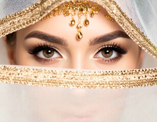 Close-up portrait of a woman's eyes, partially obscured by a sheer veil with gold trim