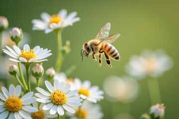 Obraz premium A honeybee hovers in flight near delicate white daisies, captured in stunning detail through close-up macro photography