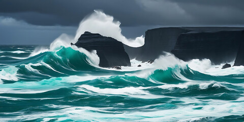 Dramatic Turquoise Waves Crashing Against Dark Cliffs Under Stormy Sky

