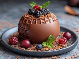 Chocolate sphere dessert topped with berries and mint on dark plate. Use it for food blog posts or recipe ideas about pastry and sweets.