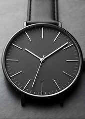 Minimalist black dial watch with leather strap close up