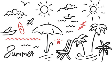 Hand Drawn Summer Beach Scene With Surfboard And Palm Trees vacation holiday