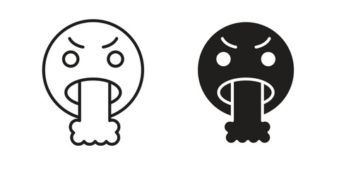 Puking emoji icon set, line and black glyph style for food app website.