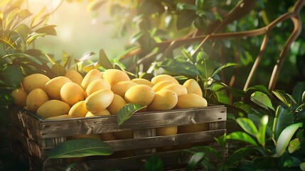 A group of succulent mangoes with their golden skin catching the sunlight arranged in a wooden crate with a backdrop of lush greenery