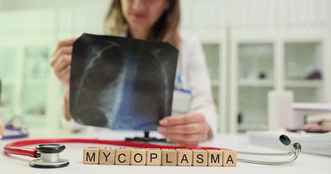 Mycoplasma on wooden blocks by female professional holding up X-ray image. Medical context focused on diagnosing mycoplasma infections affecting lungs