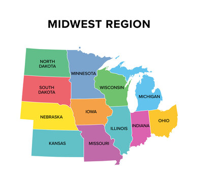 Midwest region of the United States, multi colored map. Also known as Midwestern United States, the Heartland or the American Midwest. Geographic region of the USA, consisting of 12 contiguous states.