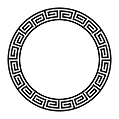 Greek key pattern, circular border. Decorative circle frame with meander pattern, a repeated motif, consisting of rectangular spirals. Geometric and symmetric band within two circles. Black and white.