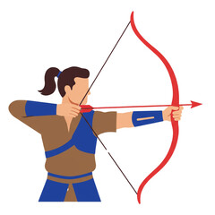 A focused archer in traditional attire skillfully aims an arrow with a powerful bow.