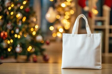 White tote bag resting on wooden surface near sparkling christmas tree, highlighting seasonal shopping aesthetic with minimalist, festive background