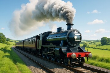 Classic steam train traveling through lush countryside under a bright sky with smoke billowing, symbolizing vintage transport concept. Ai generative