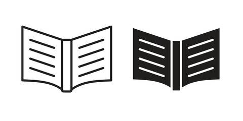 open book icon set, line and black glyph style for food app website.