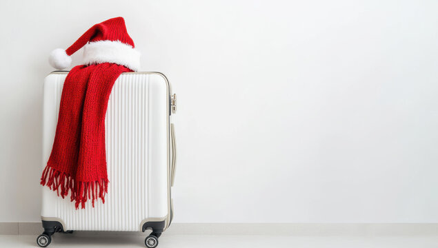 Festive white suitcase, santa hat, red scarf resting near pine branches, signaling holiday travel preparations