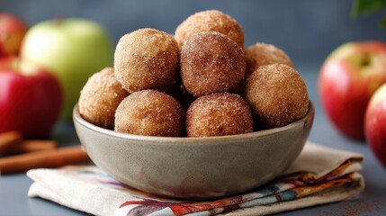 cider apple donut holes in a ceramic bowl