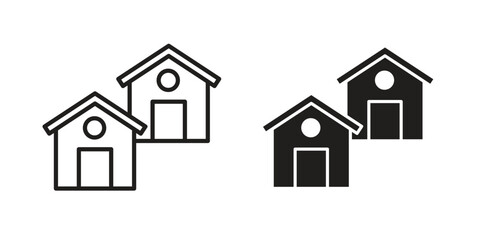 Neighborhood icon set, line and black glyph style for food app website.