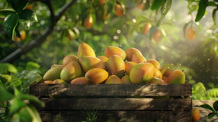 A group of succulent mangoes with their golden skin catching the sunlight arranged in a wooden crate with a backdrop of lush greenery