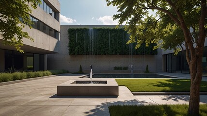 Modern Courtyard with Concrete Fountain and Lush Green Surroundings V7