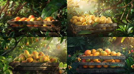 A group of succulent mangoes with their golden skin catching the sunlight arranged in a wooden crate with a backdrop of lush greenery