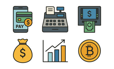 Financial technology icons with colorful money symbols and digital payment tools