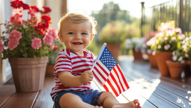 Happy infant gripping miniature us flag, celebrating patriotic holiday amid family gathering and colorful summer blossoms