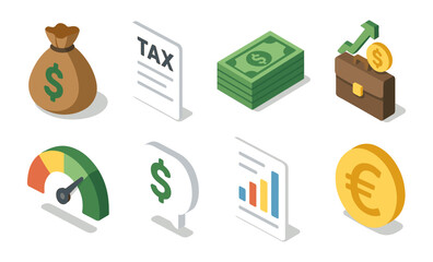 Isometric finance icons set featuring money, tax, and growth symbols