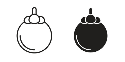 Mangosteen icon set, line and black glyph style for food app website.