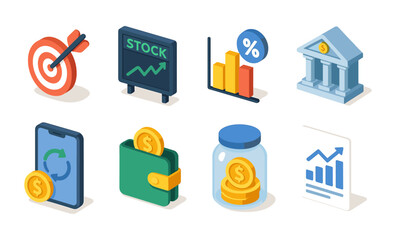 Business and finance isometric icons featuring target, growth charts, and money symbols
