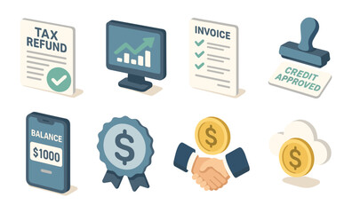 Financial success symbols: tax refund, invoice approval, and business growth icons