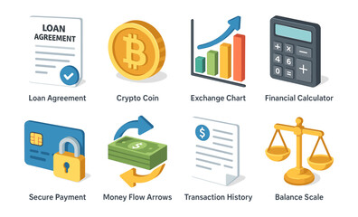 Financial icons set: loan, crypto, chart, calculator, security, money, history, balance