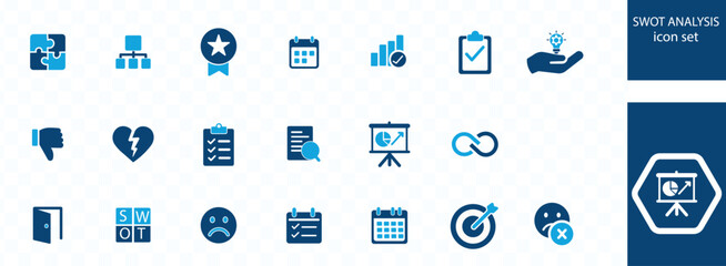 SWOT analysis icon set. Weaknesses, opportunities, threats, advantage, assessment, framework, strategy, planning, project and more.