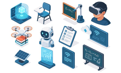 Innovative technology and education: isometric icons of modern gadgets and learning tools