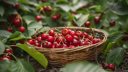 A pile of freshly picked cherries arranged in a woven basket with their vibrant red color popping against the natural tones of the basket and green leaves