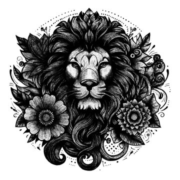 Stunning black and white lion illustration surrounded by intricate floral details, perfect for tattoo designs, branding, or artistic projects