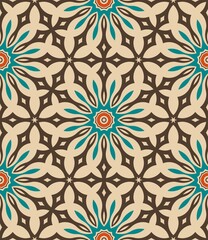 Seamless floral pattern design featuring vintage flowers and decorative mosaic geometric shapes, perfect for textile, fabric, and wallpaper
