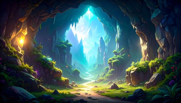 A fantastical cave opens to a vibrant valley - Powered by Adobe