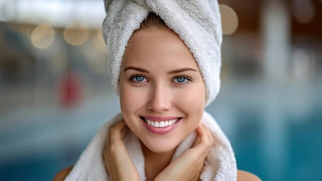 Radiant Serenity: A woman with a radiant smile and a soft towel around her head enjoys the tranquility and peace of the moment. Capturing the beauty of self-care and relaxation.