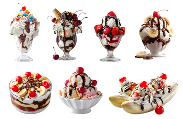 Collection of Sundae sundaes ice cream icecream scoop frozen dessert, fruits, banana split, chocolate strawberry vanilla on transparent cutout PNG. Many different variety. Mockup template for design	
