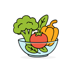 Healthy salad ingredients with vibrant vegetables in glass bowl, flat cartoon vector style illustration for food concept