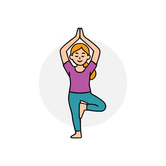 Colorful vector of happy child doing yoga balance posture with calm expression, wearing purple top and teal pants