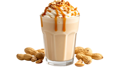 almond peanut caramel icecream shake with peanuts garnished at bottom isolated on transparent background 