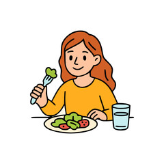 Cute woman enjoying a nutritious plant-based meal with fresh greens and a glass of water beside her