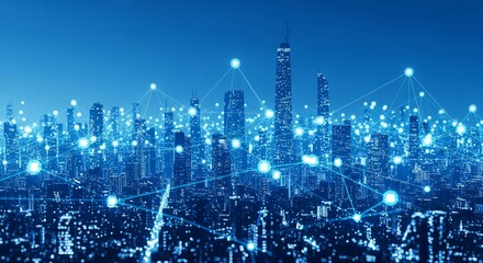 Futuristic Smart City Skyline with Digital Data Connections and Blue Lights Innovation, IoT, and Future Urban Technology Infrastructure Concept for Modern Development